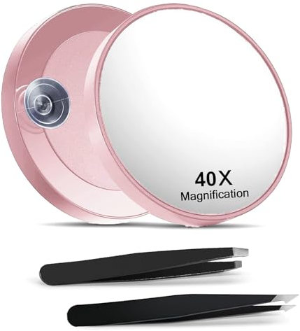Nymora 40x Magnifying Mirror with 2 Suction Cups and Slant Tweezers, 3.5 Inches, Cosmetic Mirrors for Precise Makeup, Eyebrow Plucking & blackheads Romoving (Pink)