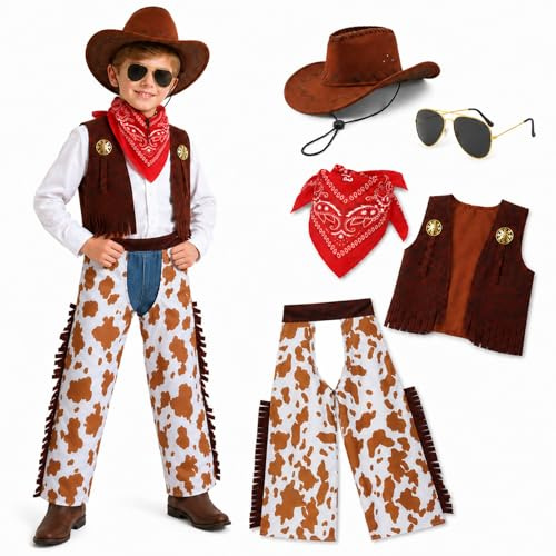 Zophlly Cowboy Kostüm Kinder, Fasching Kostüm mit Zubehör Cowboy Weste Hut Bandana Halloween Karneval Sheriff Jungen Dress Up