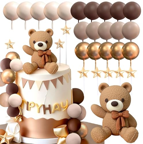 JeVenis Bear Cake Decoration Beige Brown Balls Cake Topper Boho Bears Cake Toppers Baby Shower Birthday Cake Decoration