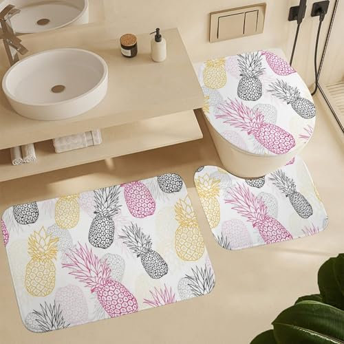 Badgarnitur 3 Teilig Gelbe rosa Ananas Contour Badteppich WC Vorleger Weiche,Waschbar für Badezimmer Dekoration