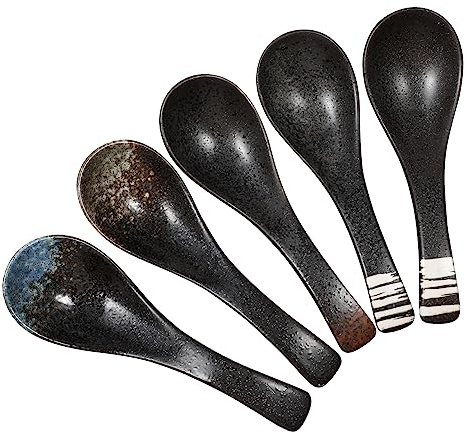 VERDANVERSE Lot de 5 Cuillères à Soupe en Céramique Cuisine Ustensile de Table Rétro Cuillère à Riz Japonaise pour Dîner et Apéritifs