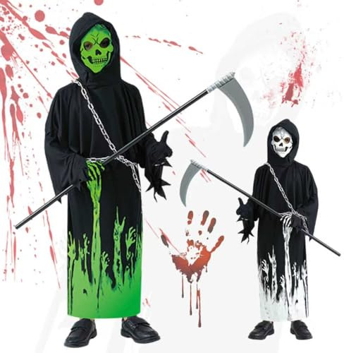 TELAOBAN Costume da Mietitore di Halloween, Costume da triste mietitore con Maschera, Guanti, Falce e catena in vita, Costume da triste mietitore di Halloween fosforescente