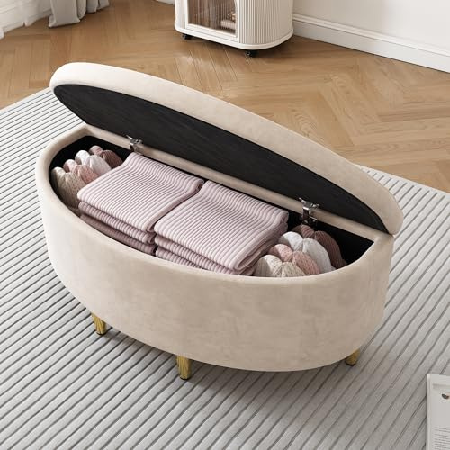 Gelukueub Polsterbank mit Stauraum, Polsterbank mit Samt-Aufbewahrungsbox, Fußhocker mit Metallbeinen, geeignet für Flur, Wohnzimmer, Schlafzimmer, 90 x 40 x 42 cm (Beige)