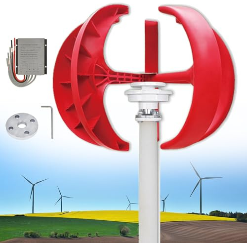 Aerogenerador Vertical de 600 W - Turbina eólica de 5 Palas para alumbrado público y residencial, farolas con Controlador, Color Rojo, 24 V, Ideal para monitorización y soluciones de energía