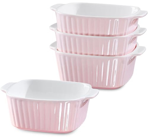 NUTRIUPS 13Oz Ceramic Baking Dishes Set of 4, Square Baking Dishes, 400 ml Small Baking Dish for Air Fryer, Ceramic Bakeware with Handles (Light Pink)