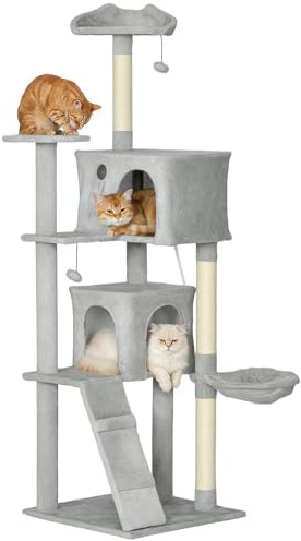 PawHut Arbre à Chat Hauteur 180 cm Tour de Jeux pour Chat Hamac Gris Clair | Plateformes, Niches, Lit en Peluche, Échelle, Balles Suspendues, Griffoirs en Sisal, Plusieux Niveaux