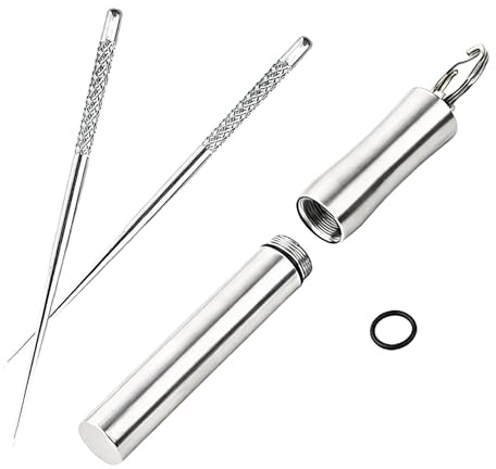 HYMC 1Pcs 304 Stainless Steel Toothpick Holder with 2PCS titanium toothpick, Portable with Keychain, Multi-Use as Fruit Forks, Convenient for Daily & Camping Use
