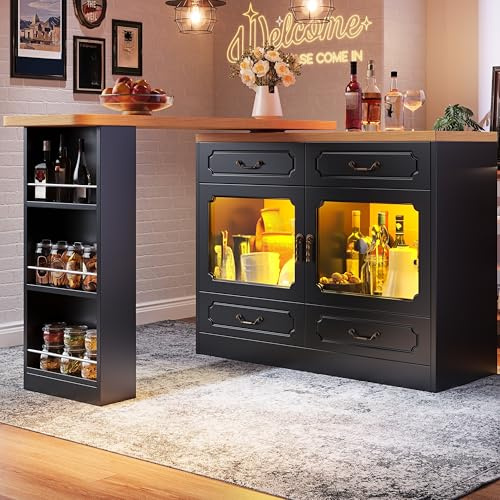 LAKFEW Mesa de Bar Extensible Giratorio para Salón y Comedor, Barra Cocina con Luz LED y Almacenaje, Mueble Auxiliar Barra Bar Mesa Alta con 2 Puertas y 4 Cajones, 135(203) x39x92.8 cm, Negro+Natural
