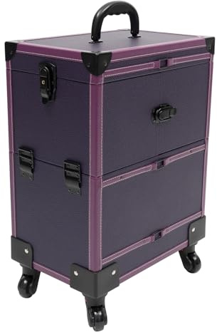 Kosmetikkoffer,Schminkkoffer mit Rollen,Kosmetik Trolley Rollkoffer,Professionell AKE Up Koffer Nägel Koffer mit Schublade, mit Spiegel und Halterung,37 * 24.3 * 101cm (Lila)