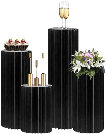 OYKSHDF 4Pack Cylinder Stands for Party, Foldable Cardboard Columns with 4 Clear Round Top Plates, Cake Display Pedestal Stand for Wedding Banquet Vendor Events Decorative (Black)