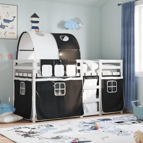 QJBSAVVA Etagenbett mit Vorhängen Weiß Schwarz 80x200 Kiefernholz robust komplett 205,5x85,5x112 cm für Kinderzimmer Jugendzimmer