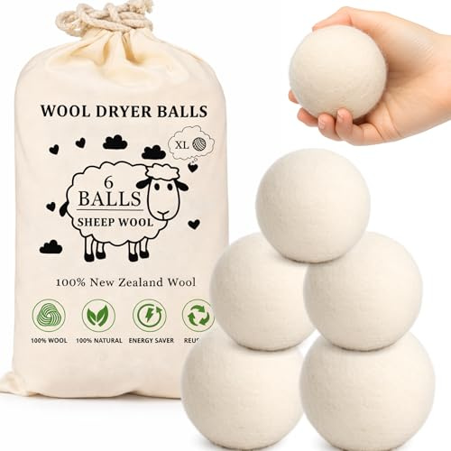 Wool Dryer Balls – 100% New Zealand Wool, Reduces Drying Time, Softens Laundry&Removes Wrinkles, Alternative to Plastic Balls & Natural Fabric Softener, Reusable Eco-Friendly Dryer Balls(Pack of 6 XL)