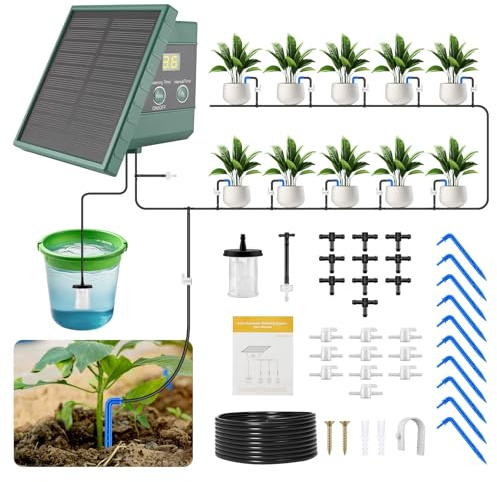 Solar Irrigation System Kits with Timer, Automatic Garden Watering System Greenhouse Solar Drip Irrigation System for Outdoor Indoor Potted Plants Balcony Vegetables (400ML/min)