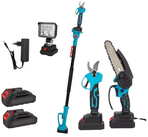 Kit Potatura 4-in-1, Motosega Elettrica 6 Pollici, Forbici Elettriche con Asta Telescopica 205 cm, 800W, 2 Batterie 2.0Ah, Faro LED, da Giardino, Fai da te