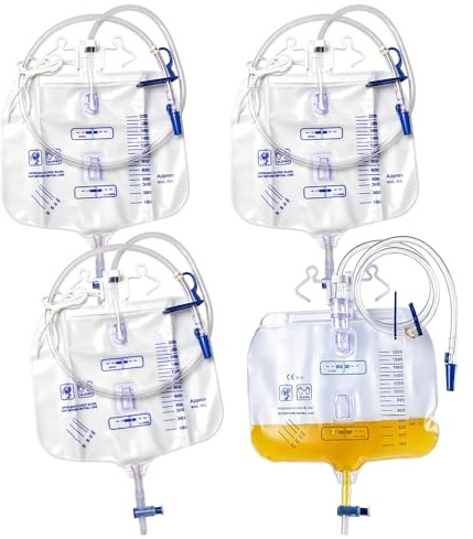 Urinbeutel Katheterbeutel, SGZIOO 4 Stück Urinbeutel 2000ml, Urindrainagebeute mit Anti Reflux Ventil und T-Ablass, Katheter Set für Männer und Frauen Urinbeutel bei Inkontinenz, Steril Verpackt