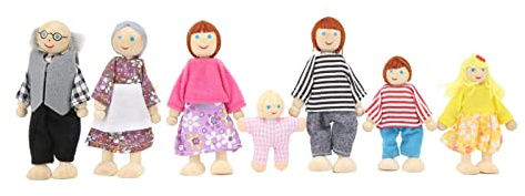EMUKOEP Set di Famiglie di delle Bambole in Legno 7 Pezzi Figure di Famiglie di Bambole in Legno di Betulla con Vestiti Morbidi per Giochi di Finzione Regalo di Compleanno pe