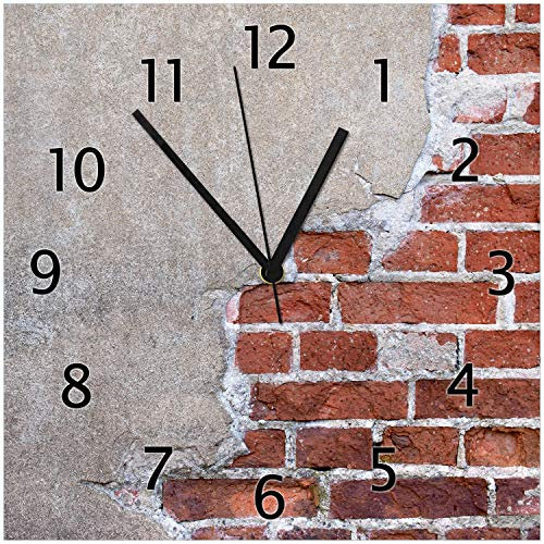 Wallario Design-Wanduhr Steinwand rote Ziegelsteine mit Putz aus Glas, Motiv-Uhr Größe 30 x 30 cm, Schwarze Zeiger