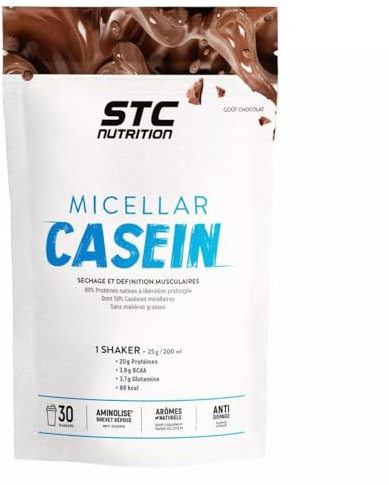 STC NUTRITION Micellar Casein, Protéines Natives, Développement Muscle Sec, Innovation Brevetée Aminolise 100% Digeste, Sans Colorants, Sans Gluten, Goût Chocolat, 25 Shakers, 750 g