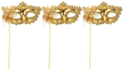Healifty Venezianische Handheld Maske Mit Stab 3 Stück Set Goldene Masken Für Halloween Karneval Und Maskenball Damen Und Erwachsene
