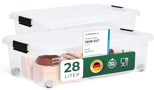 Novaliv 2x Unterbettboxen mit Deckel Rollen 28 l 61x40x18 transparent Transparent Stapelbox Unterbettkommoden Bettkästen Verstauboxen Aufbewahrungsboxen Boxen Kisten