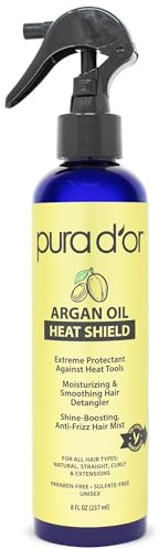 PURA D'OR 8 Oz Argan Oil Heat Shield Protectant Spray with Select Organic Ingredients, Protects Up To 450º F From Flat Iron & Hot Blow Dry, Leave-In, Define & Shine Dry & Damaged Hair