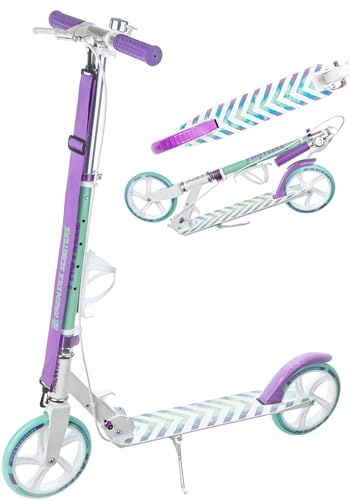 Raven - Patinete para niños y Adultos - Scooter - Patinete - Plegable, Ajustable, Correa de Transporte, Timbre, portabotellas - Pastelle White/Mint con Freno de Mano, Ruedas de 200 mm