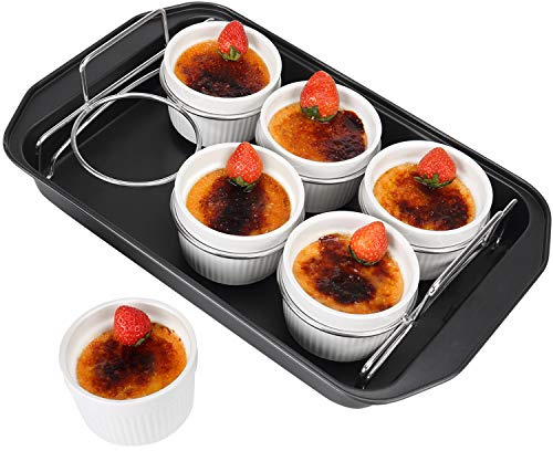 Creme Brulee Making Set - 6 Porcelain Ramekins 6 oz, 304 Stainless Steel Lifting Rack, 9 X 13 Bottom Pan
