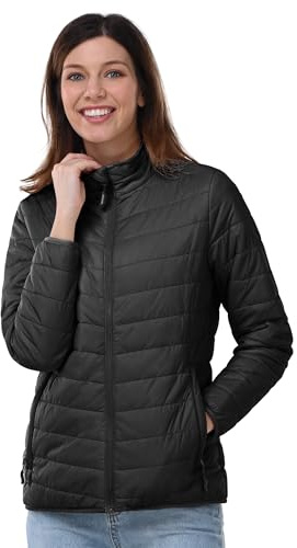 Outdoor Ventures Chaqueta acolchada ligera y cálida para mujer, chaqueta de entretiempo, chaqueta acolchada para mujer, forro suave, abrigo acolchado para ocio, senderismo, Negro, M