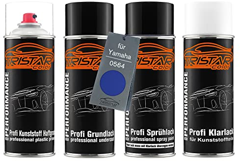 TRISTARcolor Lack Spray Kunststoff für Yamaha 0564 Deep Purplish Blue Perl | Motorradlack, Sprühdosen-Set für Stoßstange/Plastik, Kunststoff-Haftgrund + Grundlack + Basislack + Klarlack