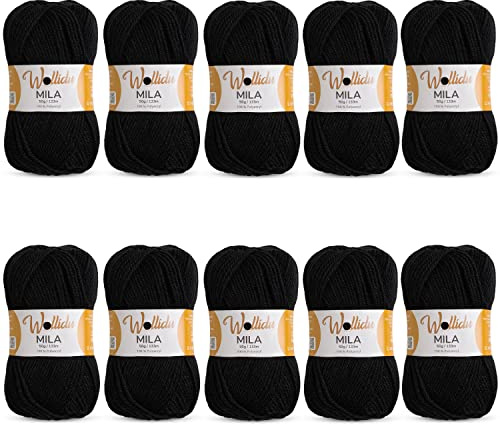 Wollidu Mila Garn zum Häkeln und Stricken 10 x 50g/133m Strickgarn 100% Polyacryl Häkelgarn Schwarz