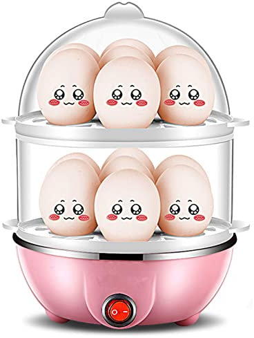 Cuociuova, cuociuova 350 W 2 strati 14 pezzi Uova alla volta Spegnimento automatico Scaldauova in PP resistente e sicuro con misurino per la casa(EU-doppio strato rosa) Regalo di San Valentino