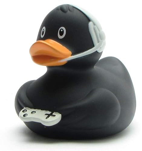 Duckshop I Badeente Gamer schwarz I L: 10 cm I Quietscheente I inkl. Quietscheentchen -Schlüsselanhänger im Set I Geschenk für Zocker I Präsent Sammler