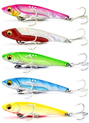 Steinn Wobbler | 5 Stück Metall VIB Köder Harte Köder Angelköder Set | 3D Augen Angeln Spinner Barsch | mit Drillingshaken mit Box (steinn005)
