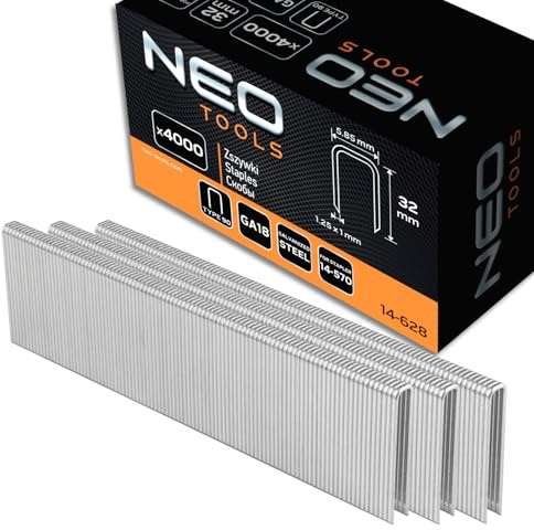 NEO TOOLS Verzinkte Heftklammern für Drucklufthefter (32 mm) | Modell 14-570, GA18, Typ 90 (4K), Länge 10-40 mm, 4000 Stück, Aus Stahldraht, Korrosionsbeständig