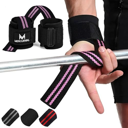MERCURYAL Straps Gym mit Handgelenkstütze für Gewichtheben und Powerlifting, Handgelenkbandagen für Fitnessstudio, Lifting Straps, Haltegurte, Fitnessgriffe für Totgewicht (Schwarz/Rosa)