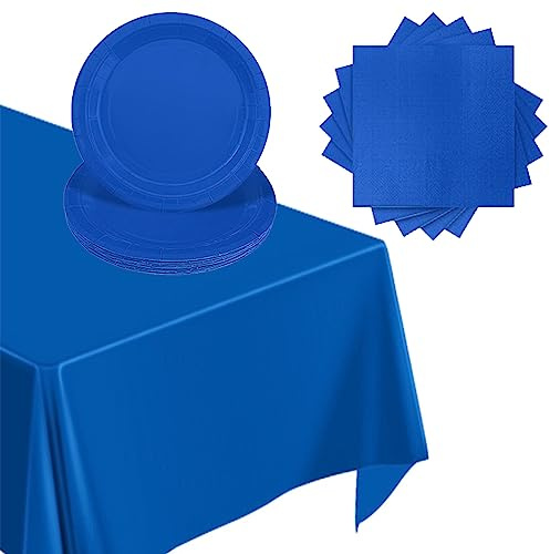 POPOYU 37 Pcs Blue Tableware Set,Blue Waterproof Plastic Tablecloth Paper Plates 7 Inch Napkins Dinnerware Decorations Favors for Men Women Birthday Wedding Graduation Party Supplies