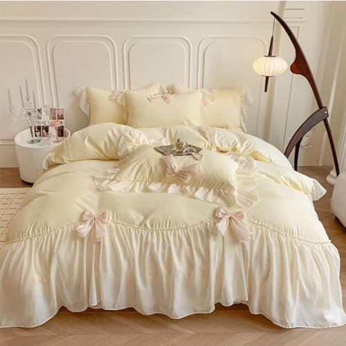 SOUKECHY Sängkläder, rosett, påslakanset med fjärilsknytning, heltäckande täckeset, shabby chic sängkläder, romantisk fransk prinsessstil – gul, full