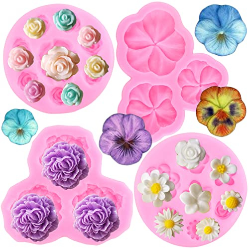 RFGHAC Pfingstrose Blume Silikonform Rose Blume Fondant Formen Gänseblümchen Plumeria Blume Form Stiefmütterchen Blume Form für Kuchen Dekorieren Cupcake Topper Schokolade Süßigkeiten Polymer Clay Gum