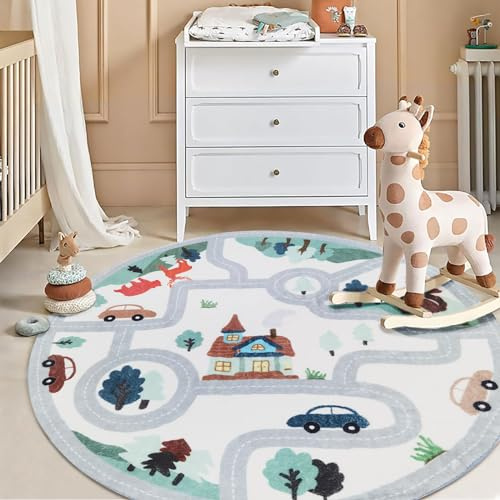 USTIDE Kinderspielzimmerteppich, rund, waschbar, Straßenteppich, großer Waldverkehrsteppich, superweiche, Flauschige Kinderzimmer-Spielmatte für Jungen und Mädchen, 160 cm (63 Zoll)