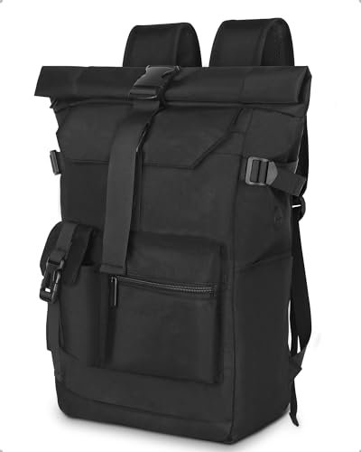 Yooler Rolltop Rucksack Wasserdicht, 27L Groß Rucksack Herren Damen, Schulrucksack mit Laptopfach 17.3 Zoll, Reiserucksack Wanderrucksack für Business Arbeit Uni Reise Freizeit (Schwarz)