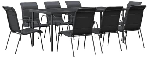 Gecheer 9-TLG. Garten Essgruppe 8 Personen, Gartenmöbel Set, Tisch mit Stuhl, Terassenmöbel, Gartengarnitur für Garten Terrasse, Schwarz Stahl und Textilene