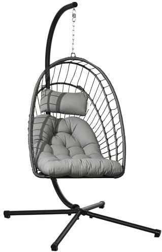 Outsunny Fauteuil Suspendu de Jardin Chaise hamac résine tressée Panier Pliable avec Matelas Support en métal et Appui-tête Gris