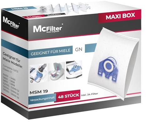 McFilter | 48 sacs à poussière compatibles avec les aspirateurs Miele série GN S2 S4 S5 S6 S8, Complete C2/C3, Classic C1 | Sacs à poussière avec 24 filtres | MAXI BOX
