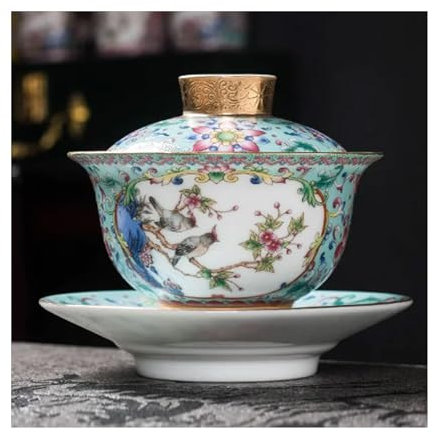 ZZTWER Chinesische Teetasse Emaille-Farbe Keramik Gaiwan chinesische Sancai Teeschale tragbar mit Deckel Teetasse für Haushalt Büro Sammlung Teetassen mit Deckel
