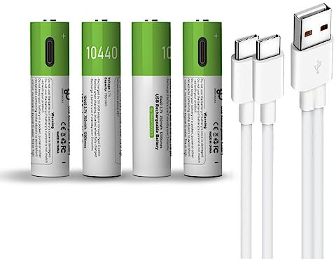 USB 10440 Lithium Ionen Aufladbare Akkus, 3.7V 750mWh wiederaufladbare batterien 10440 Akku, Schnellladung, 1200 Zyklen mit Typ C Ladekabel, Überladeschutz, 4er-Pack