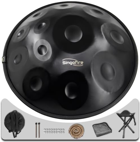 SINGOFIRE Handpan-Trommel mit 12 Noten, Handpan-Trommel für Erwachsene, 55,9 cm, 440 Hz, D-Moll, Kurd, Handpan-Instrument mit weicher Handpan-Tasche, 2 Schlägel, Handpan-Ständer und staubfreies Tuch