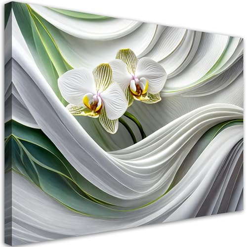 Feeby Leinwand Bilder - Bild Wohnzimmer - Orchidee Blumen 3D Abstrakt Grün - 120x80 1tlg - Deko Schlafzimmer Groß - Dekoration Canvas - Gemälde - Modern Wandbilder - Kunstdruck