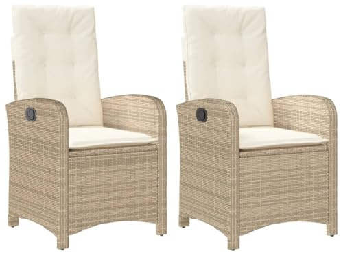 KOIECETA Gartensessel mit Kissen 2 STK. Gartenstuhl mit Verstellbarer Rückenlehne Liegestuhl mit Stahlrahmen Sessel Stuhl Relaxsessel Poly Rattan Beige