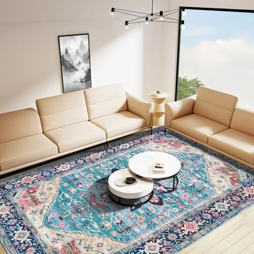 Betadistor Washable Rugs Living Room Area Rugs Vintage Boho Large Non Slip Carpet Traditional Rugs Short Pile for Bedroom Dining Room Kitchen Soft Faux Wool Rugs 120x160cm Grey and Cyan, 302-06120