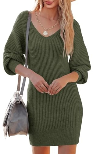 Saodimallsu Vestido de Punto para Mujer, Cuello de Pico, Manga Larga, Elegante, Mini, Informal, Túnica, Suéter, para Otoño e Invierno, Verde